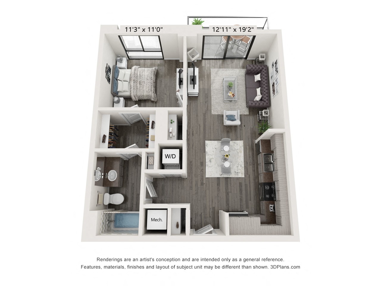 Floor plan for 1 bed, 1 bath, 648 sqft